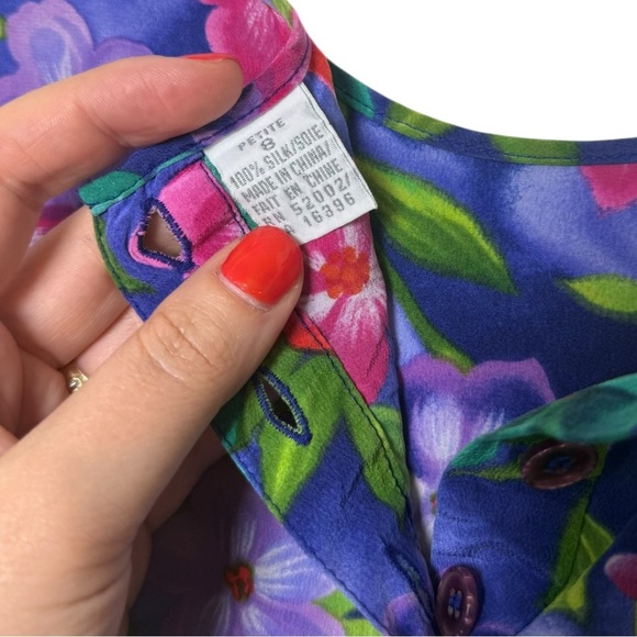 Vintage 90s Silk Floral Shirt Top Size 8 Petite Purple Pink - Picture 2 of 9